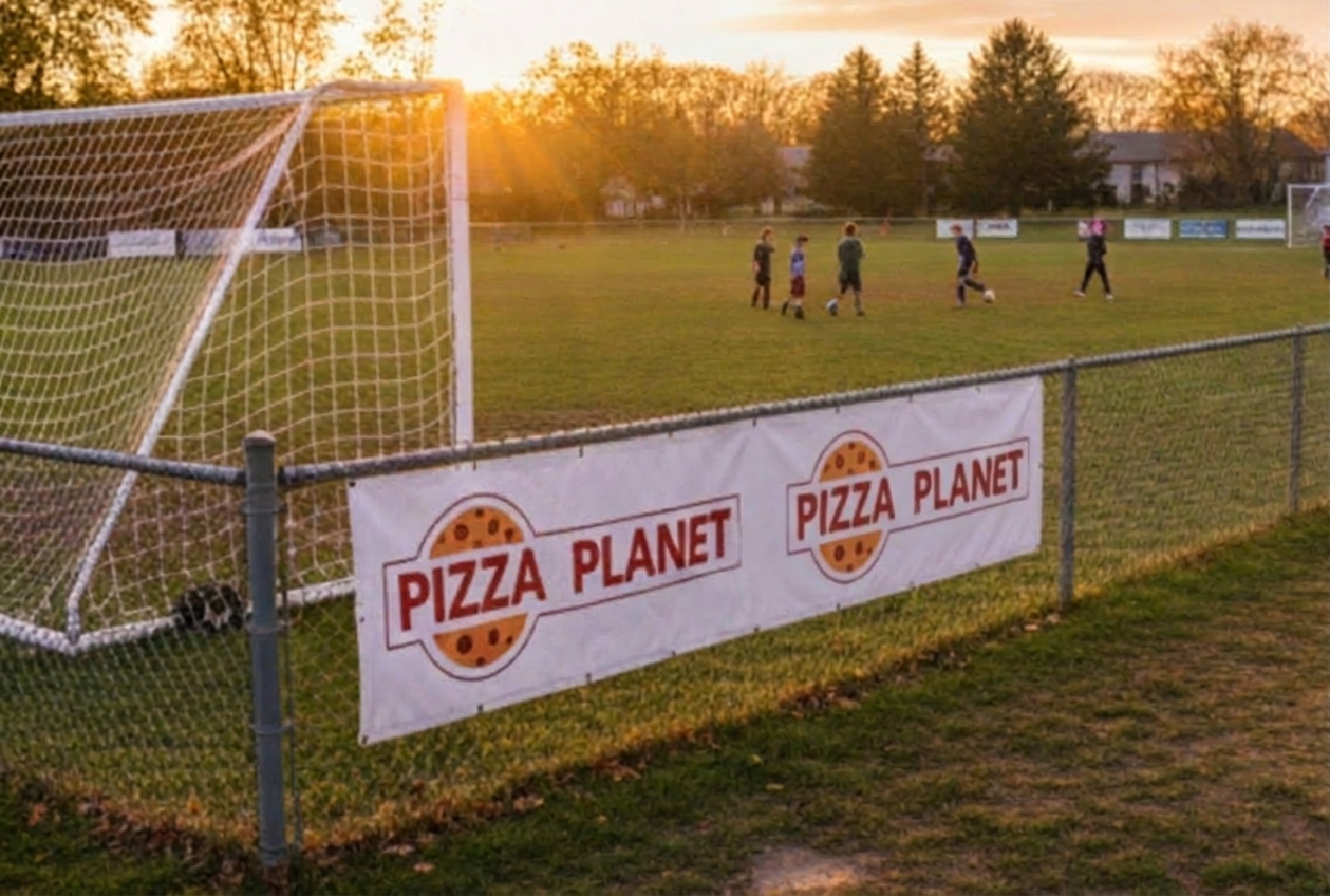 Soccer field with Pizza Planet banner